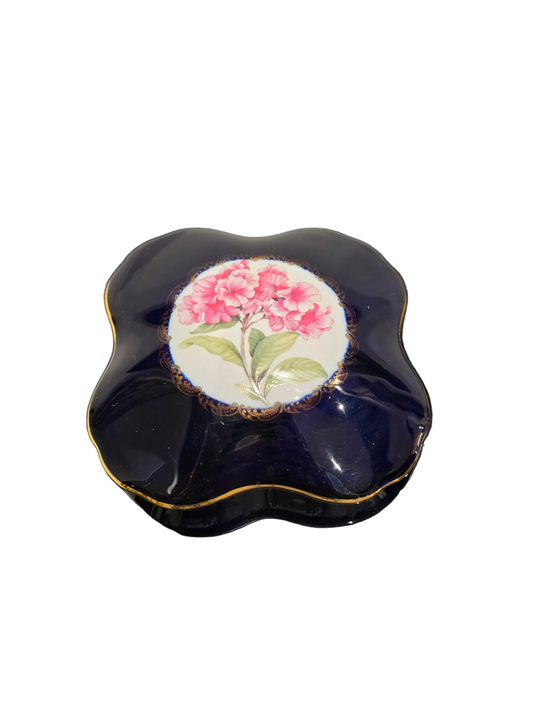 Boîte en porcelaine de Limoges – Décor floral rose – Bleu cobalt & or fin
