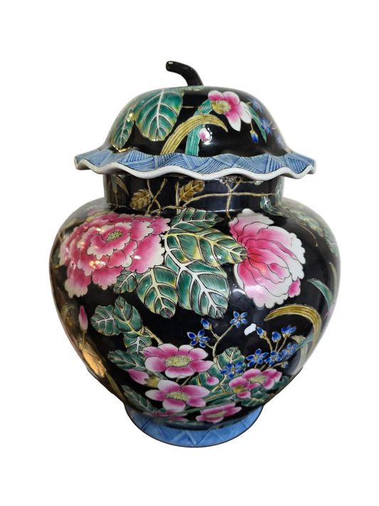 Grande potiche asiatique à décor floral – Décor main – Fond noir & couleurs vives