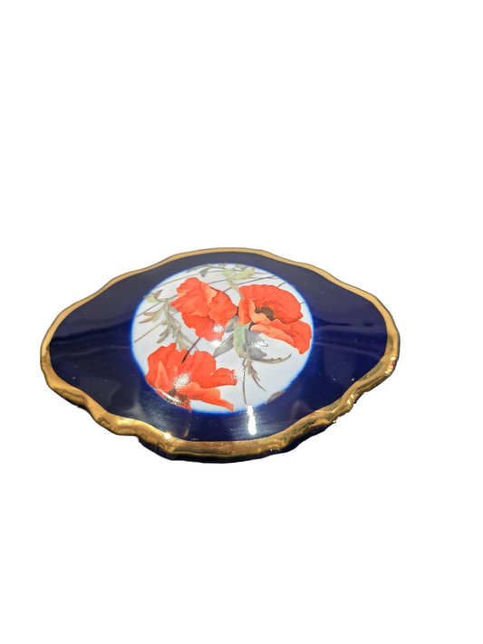 Boîte en porcelaine de Limoges – Décor coquelicots – Bleu cobalt & or fin