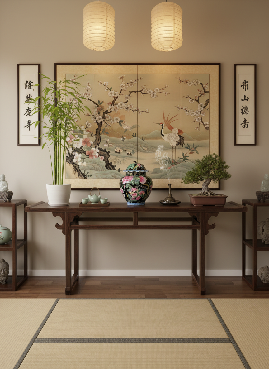 Grande potiche asiatique à décor floral – Décor main – Fond noir & couleurs vives