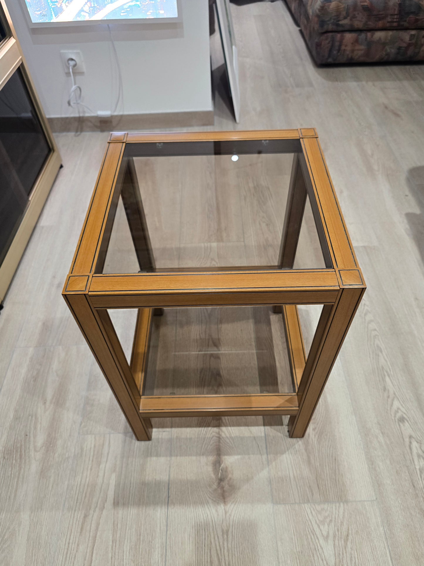 Table d’appoint vintage bois et verre – Design graphique – 1970/1980
