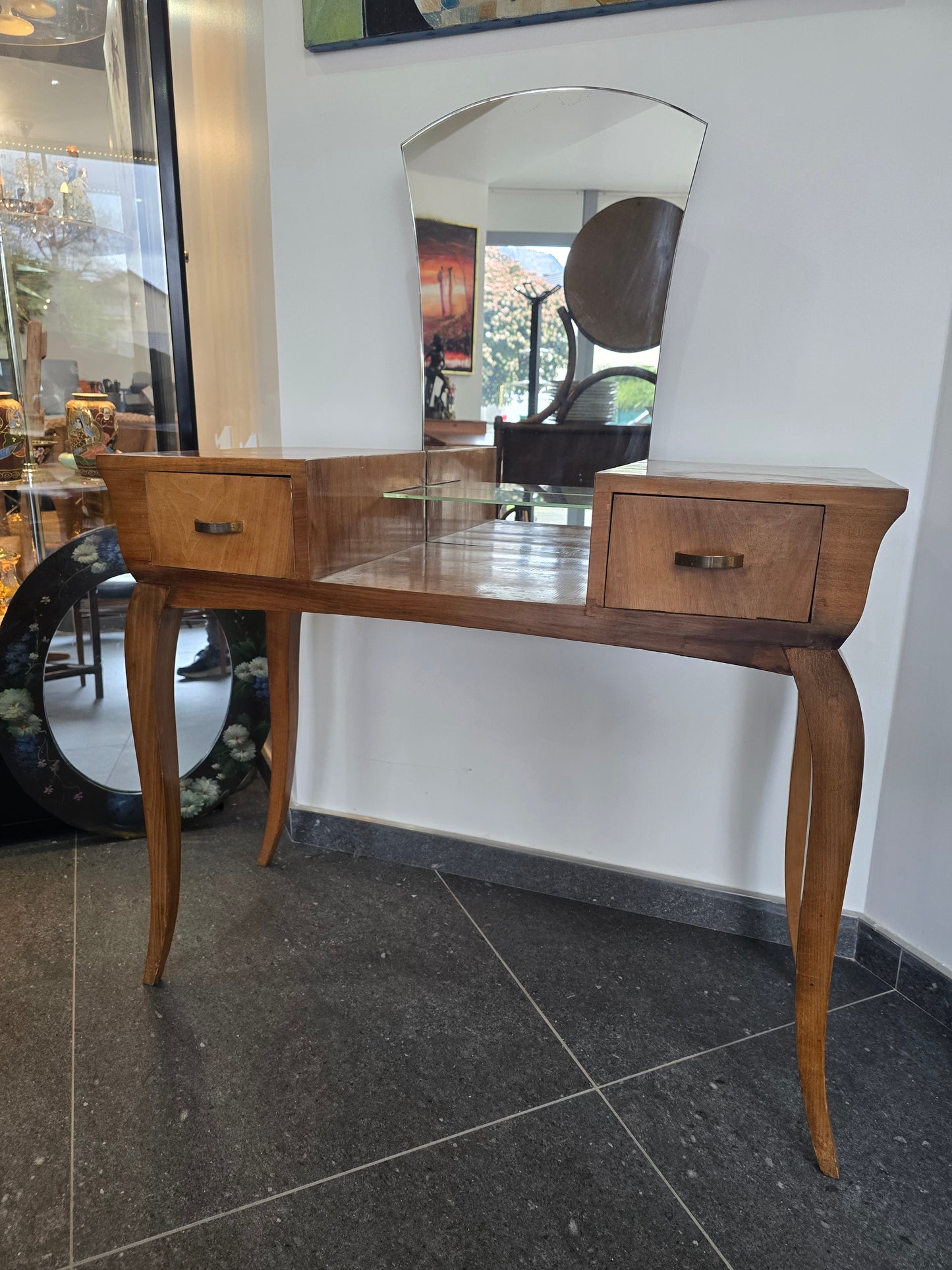 Coiffeuse vintage en bois avec miroir – style années 1950