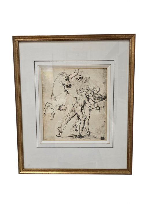 Dessin encadré d’après maître ancien – Étude de chevaux et figures masculines