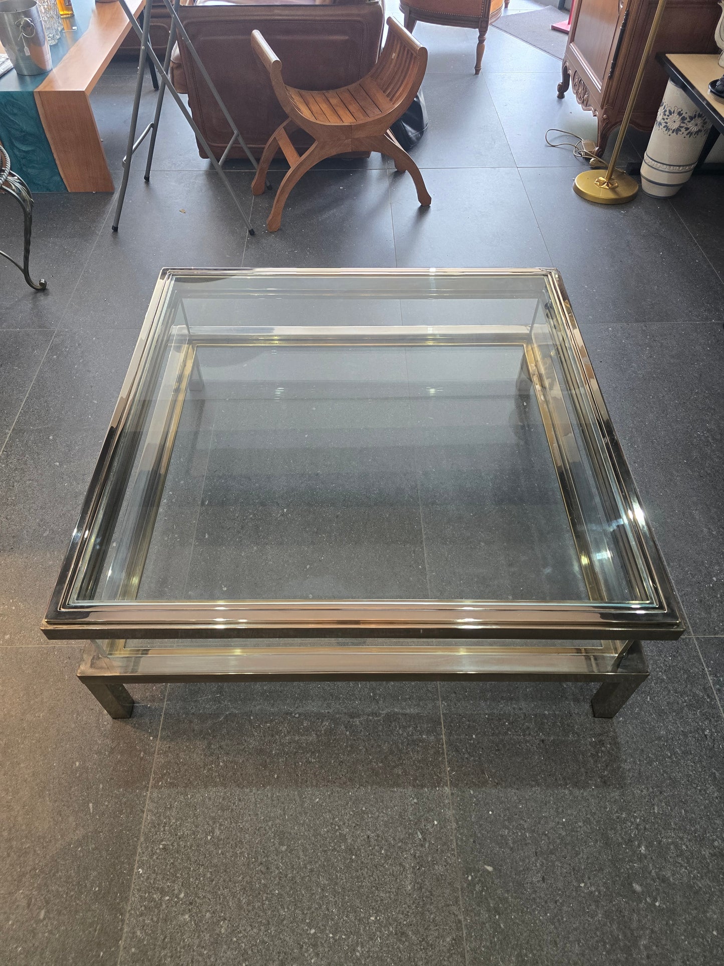Table basse à plateau coulissant – Design 70 – Chrome & verre – 108 cm