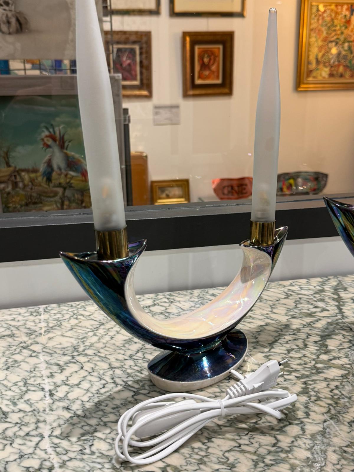 Paire de bougeoirs électriques Verceram – Design Space Age- céramique irisé