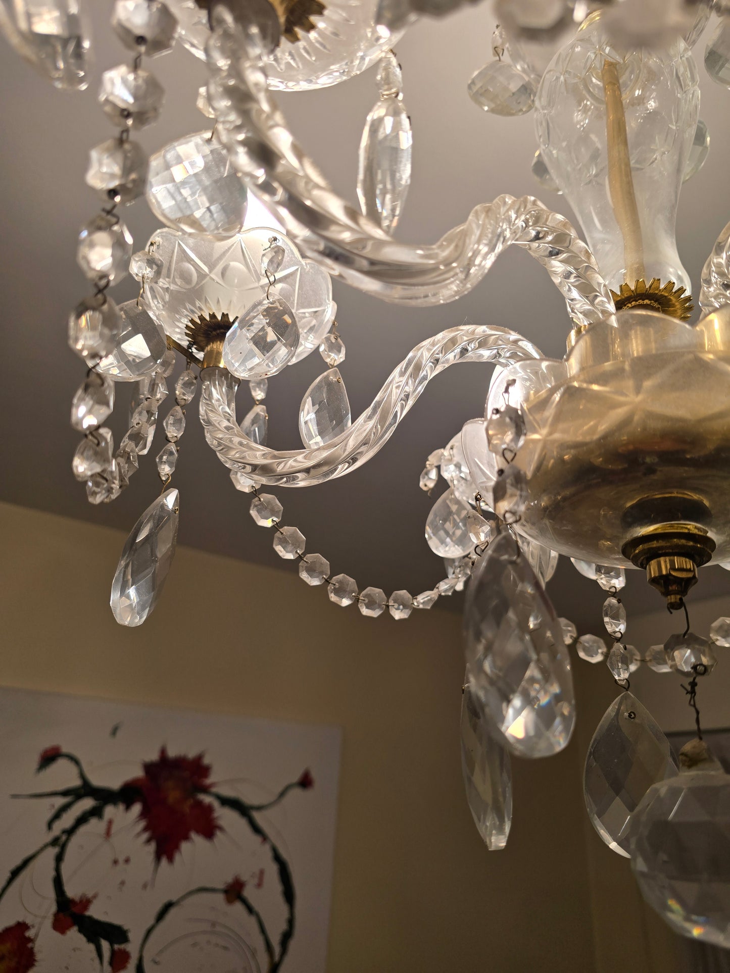 Suspension lustre ancien en verre taillé & pampilles – 6 bras