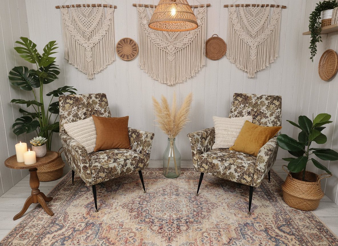 Paire de fauteuils Mid-Century Design – Piètement compas métal & tapisserie jacquard – Années 1960