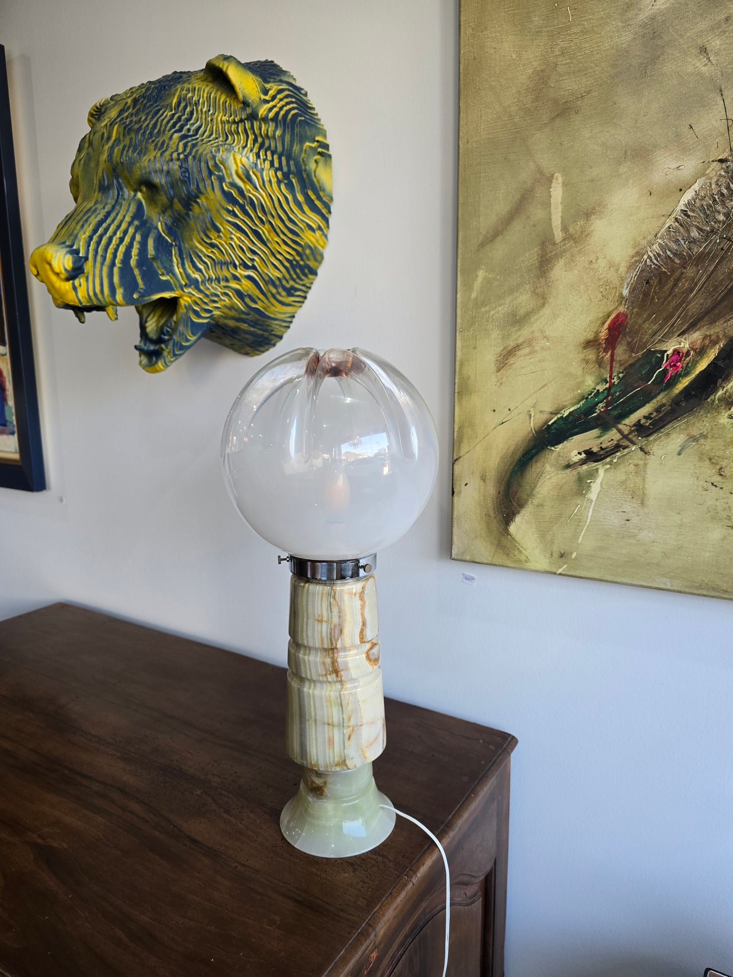 Lampe vintage en verre opalin et onyx – Design italien – Années 1960/1970