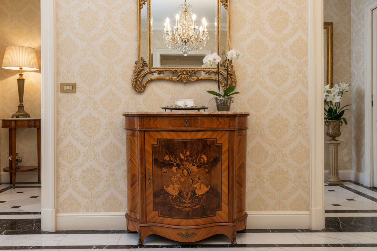 Meuble d’appui galbé en marqueterie florale – Style Louis XV, plateau marbre