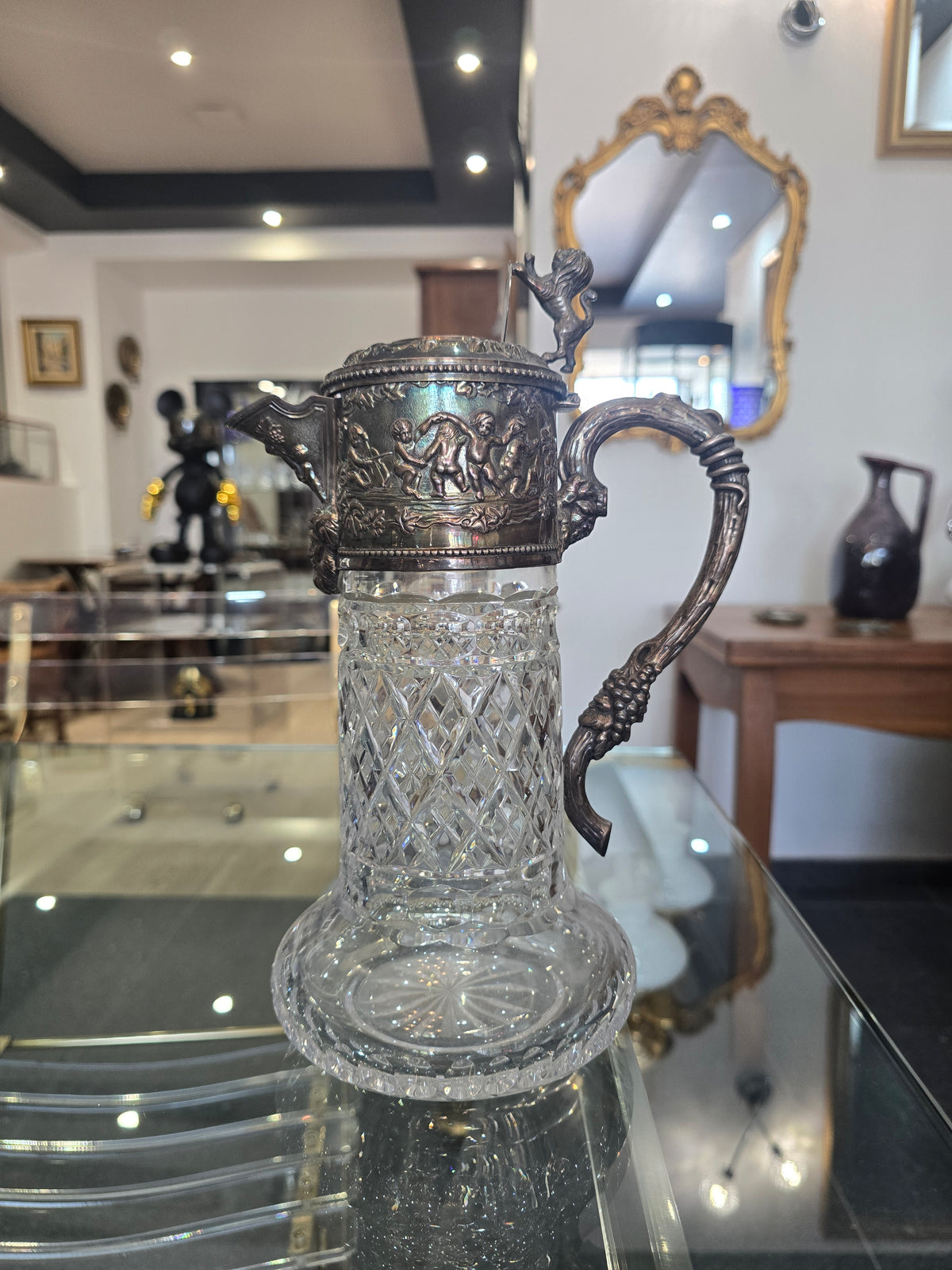 Importante carafe à vin en cristal taillé et argent massif 925/1000, maison Topázio