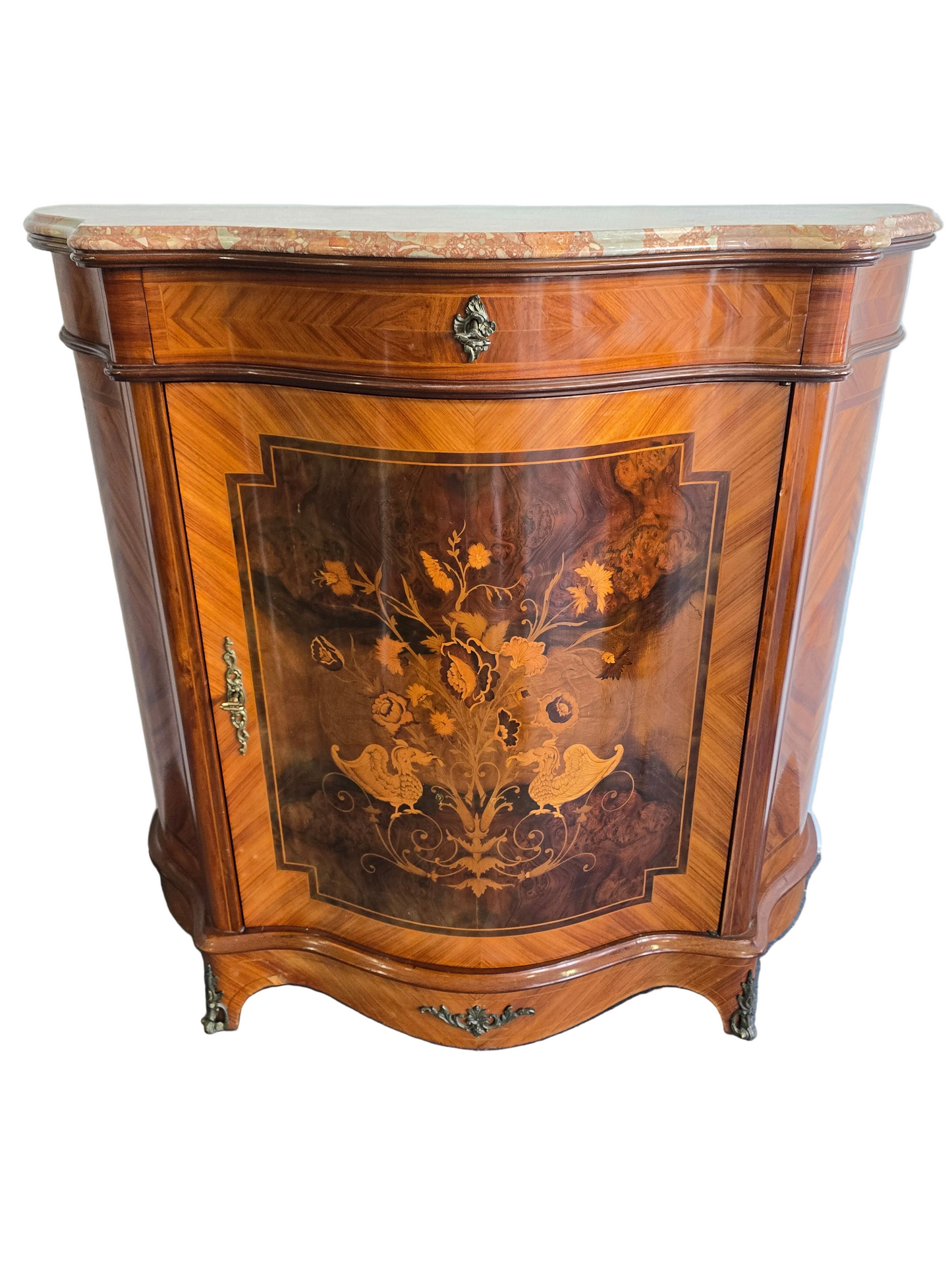Meuble d’appui galbé en marqueterie florale – Style Louis XV, plateau marbre