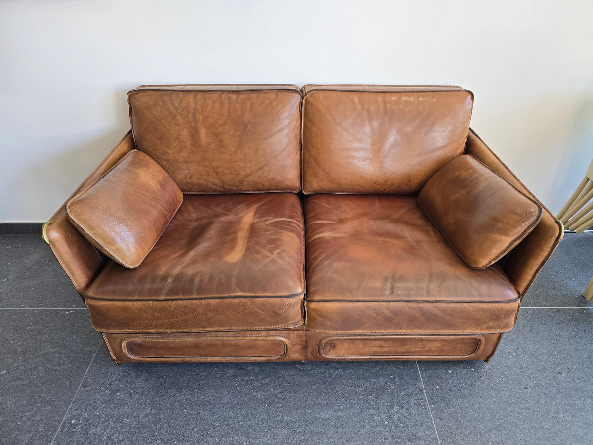 Salon Roche Bobois vintage années 80 – Cuir de buffle cognac – 2 canapés + pouf
