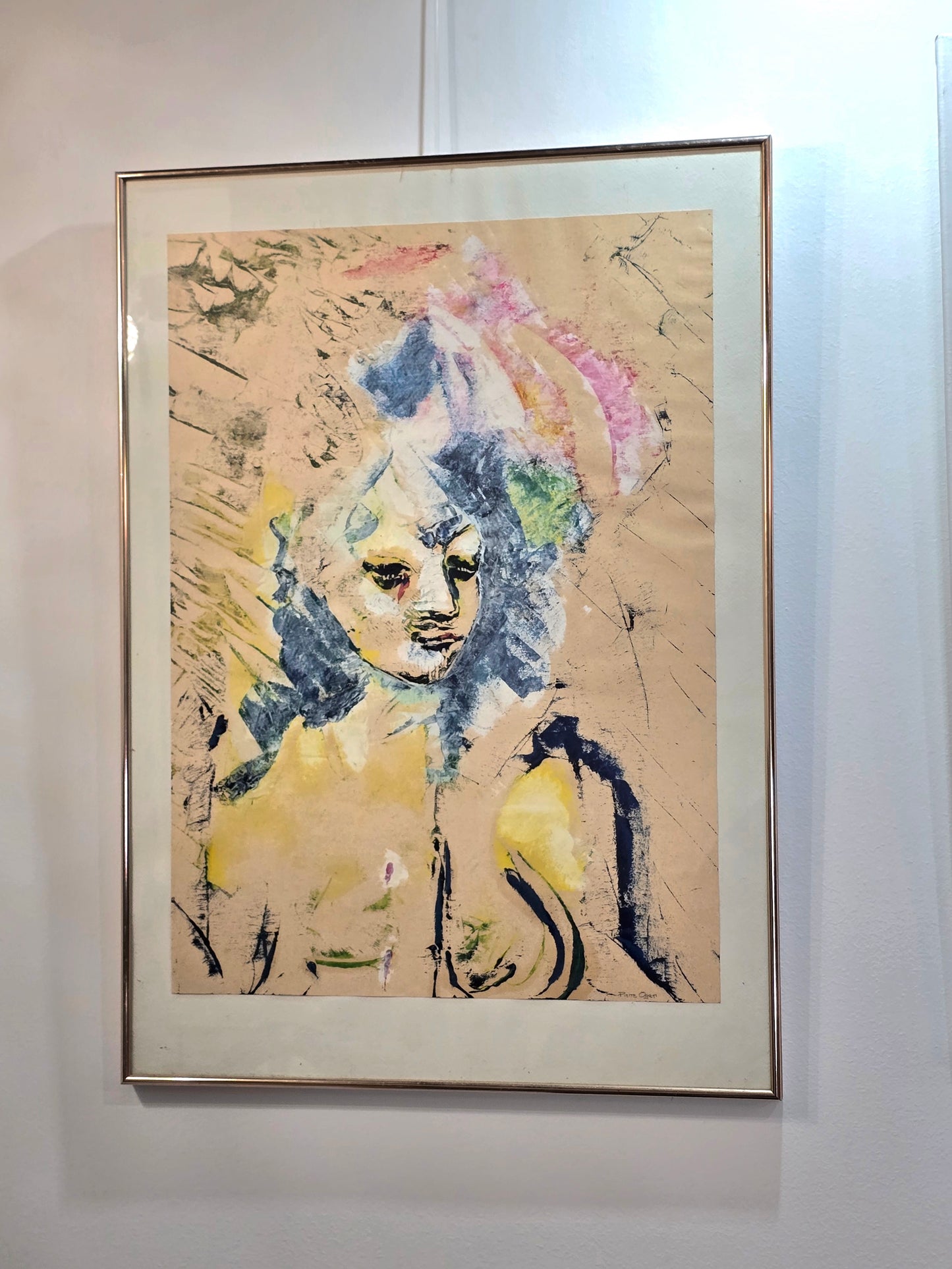 Peinture sur papier – Portrait féminin abstrait – Signée Oger