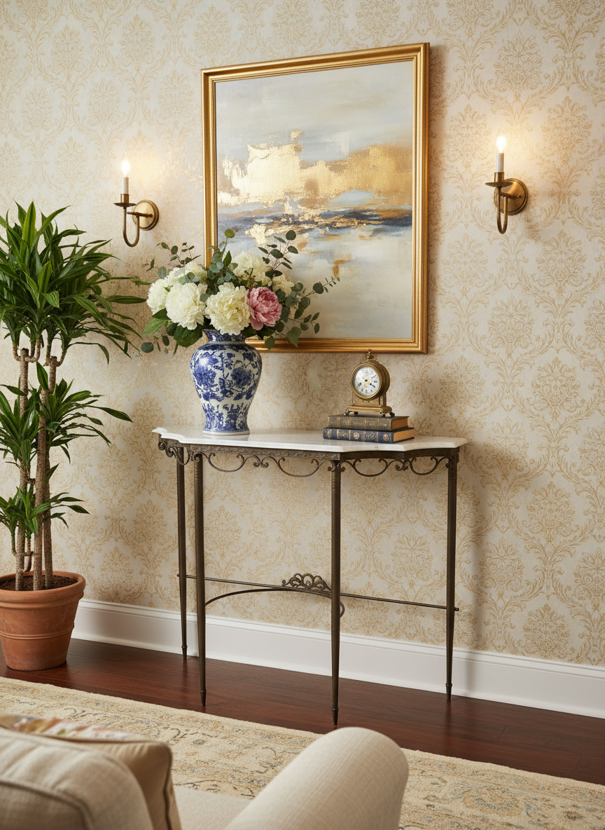 Console en fer forgé et plateau marbre – Style Art Déco / Néoclassique