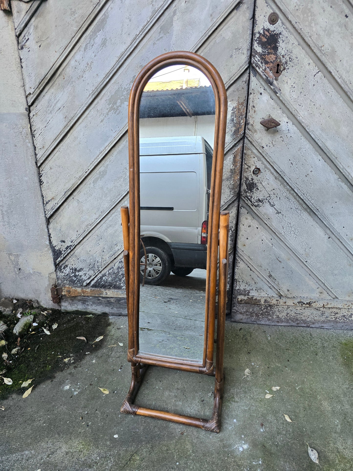 Miroir psyché vintage en bambou et rotin – années 1960 / 1970