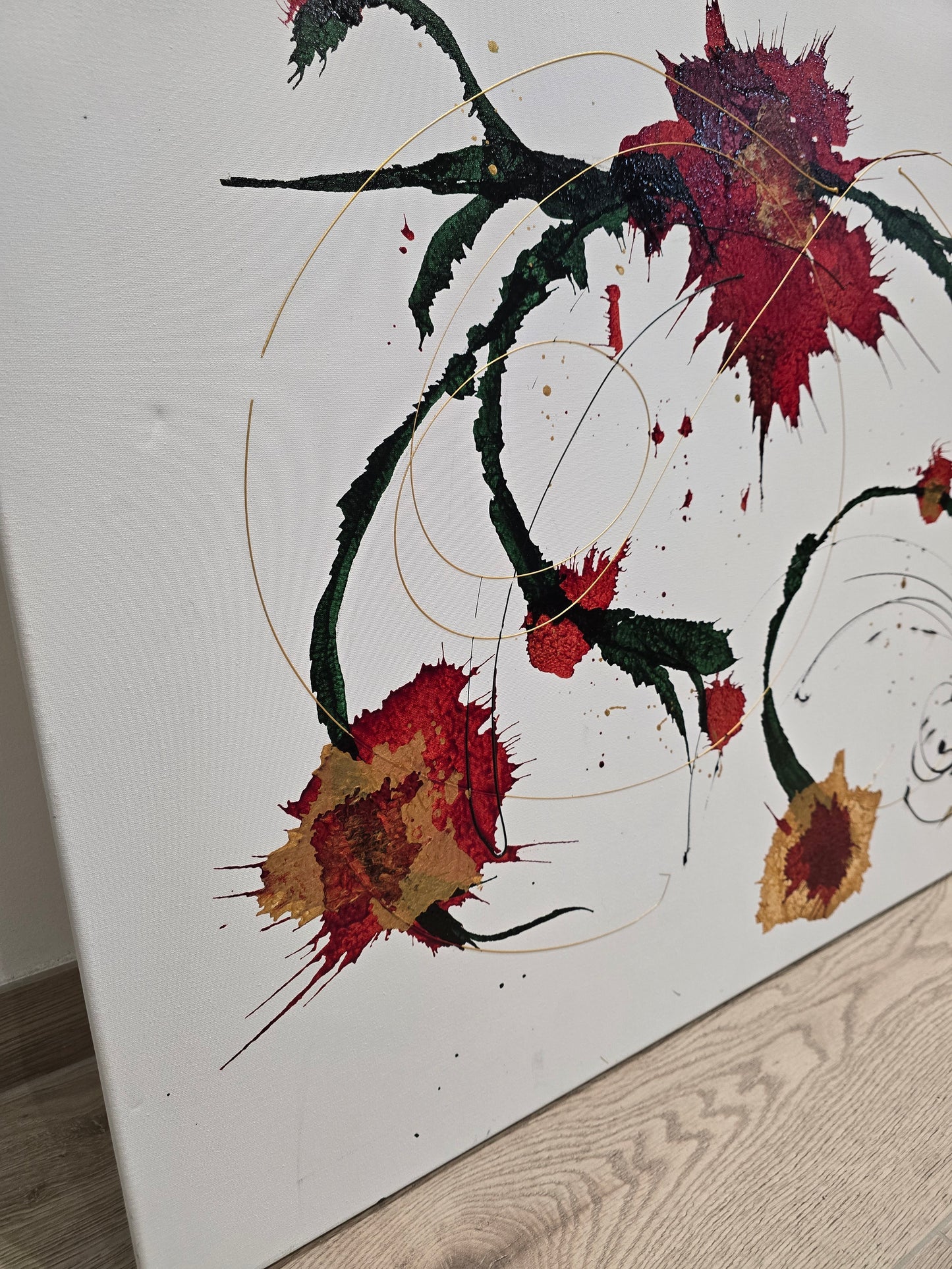 Tableau abstrait contemporain – Composition florale abstraite rouge, verte et or 92x73