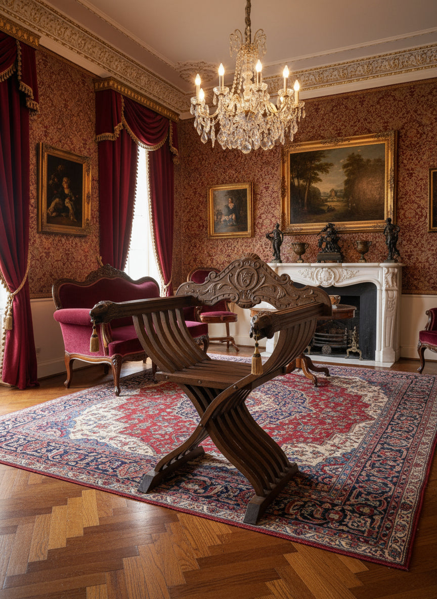 Fauteuil Savonarola décoratif – Bois sculpté – Têtes de lion – Style Renaissance