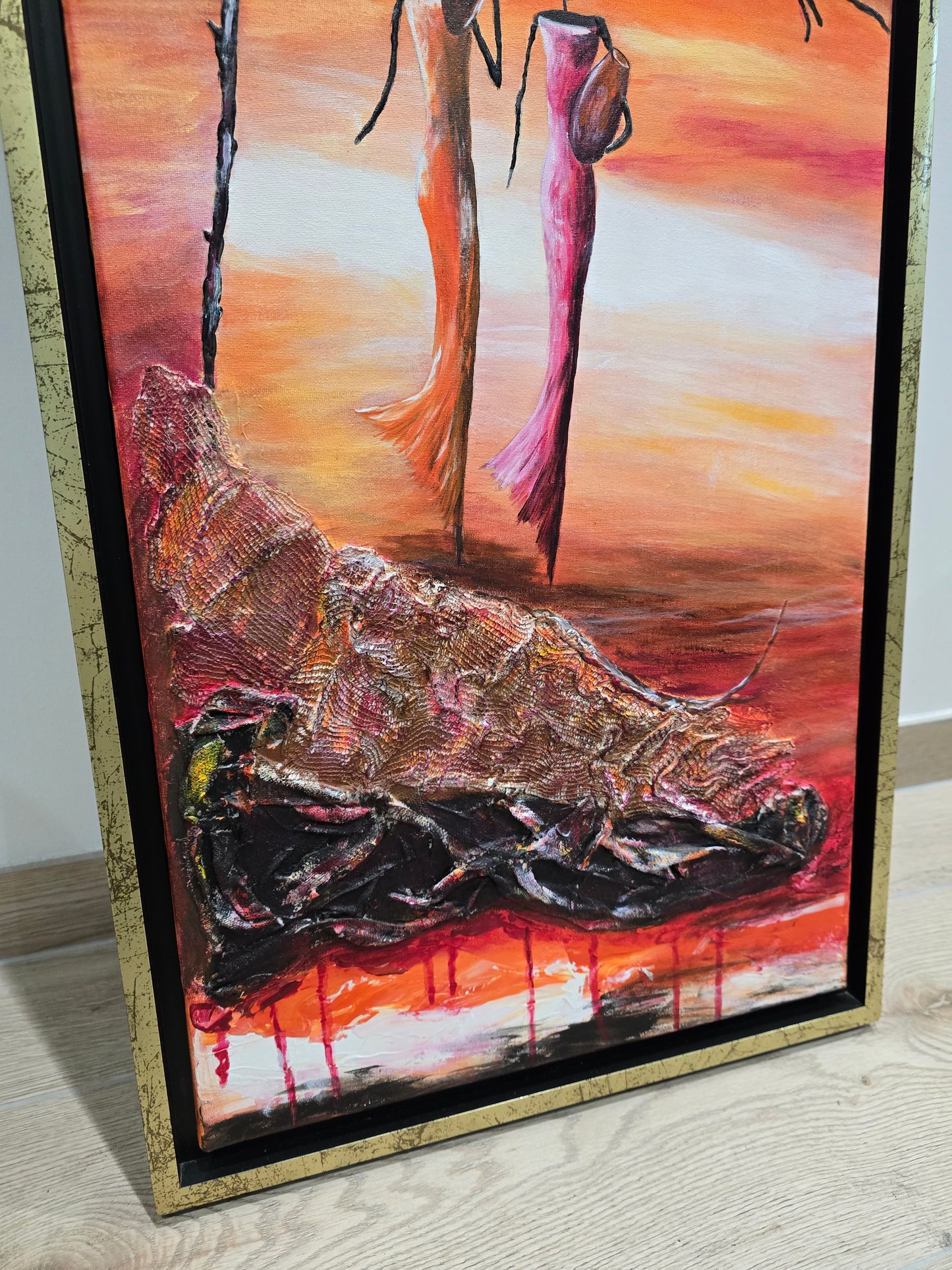 Tableau contemporain – Techniques mixtes & relief – Silhouettes féminines au coucher de soleil