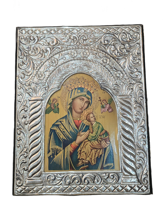 Icône religieuse orthodoxe – Vierge à l’Enfant – Cadre argent repoussé – 37×30 cm