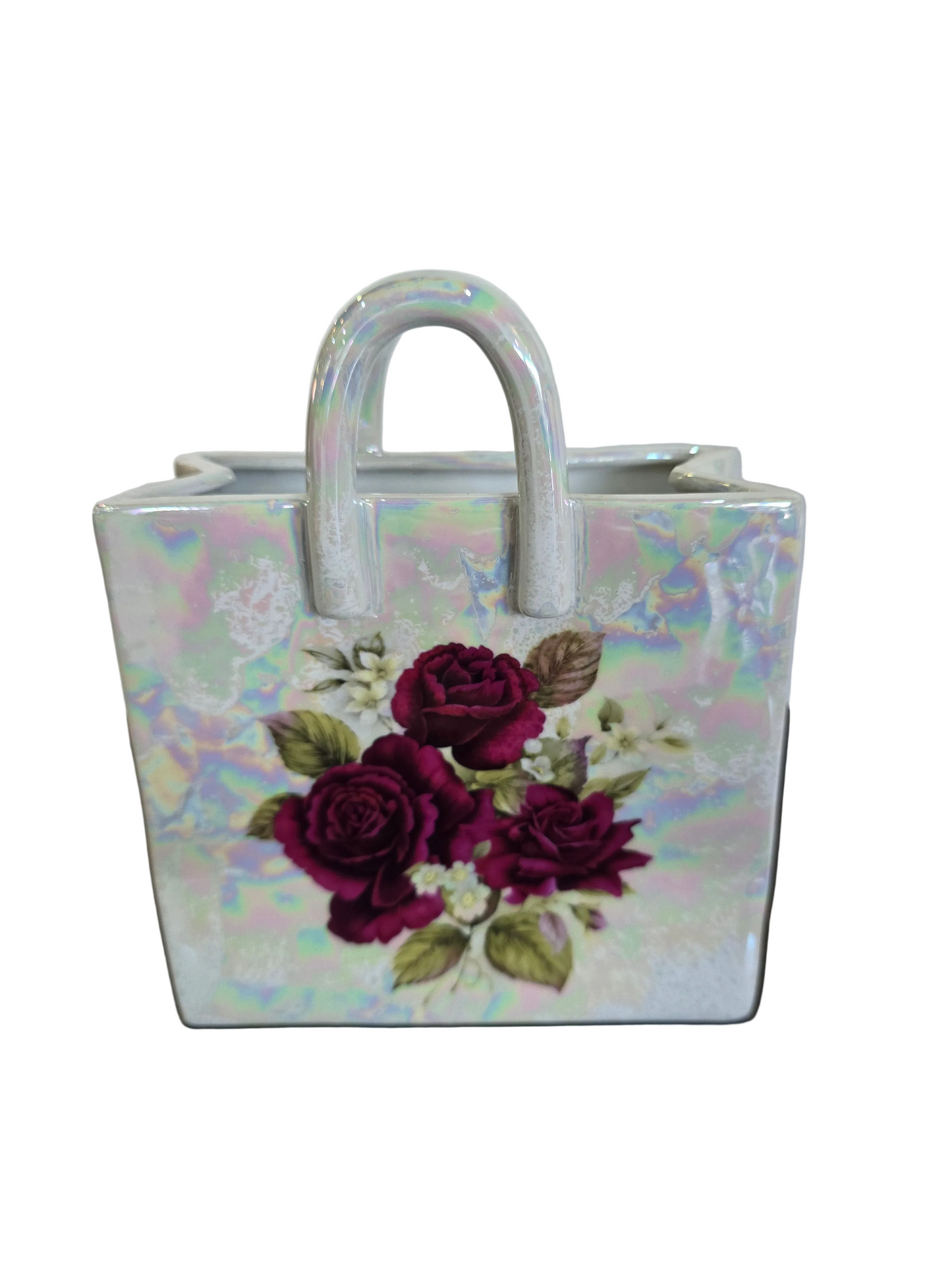 Vase décoratif en céramique irisée – Forme sac – Décor floral peint main – H.16 cm