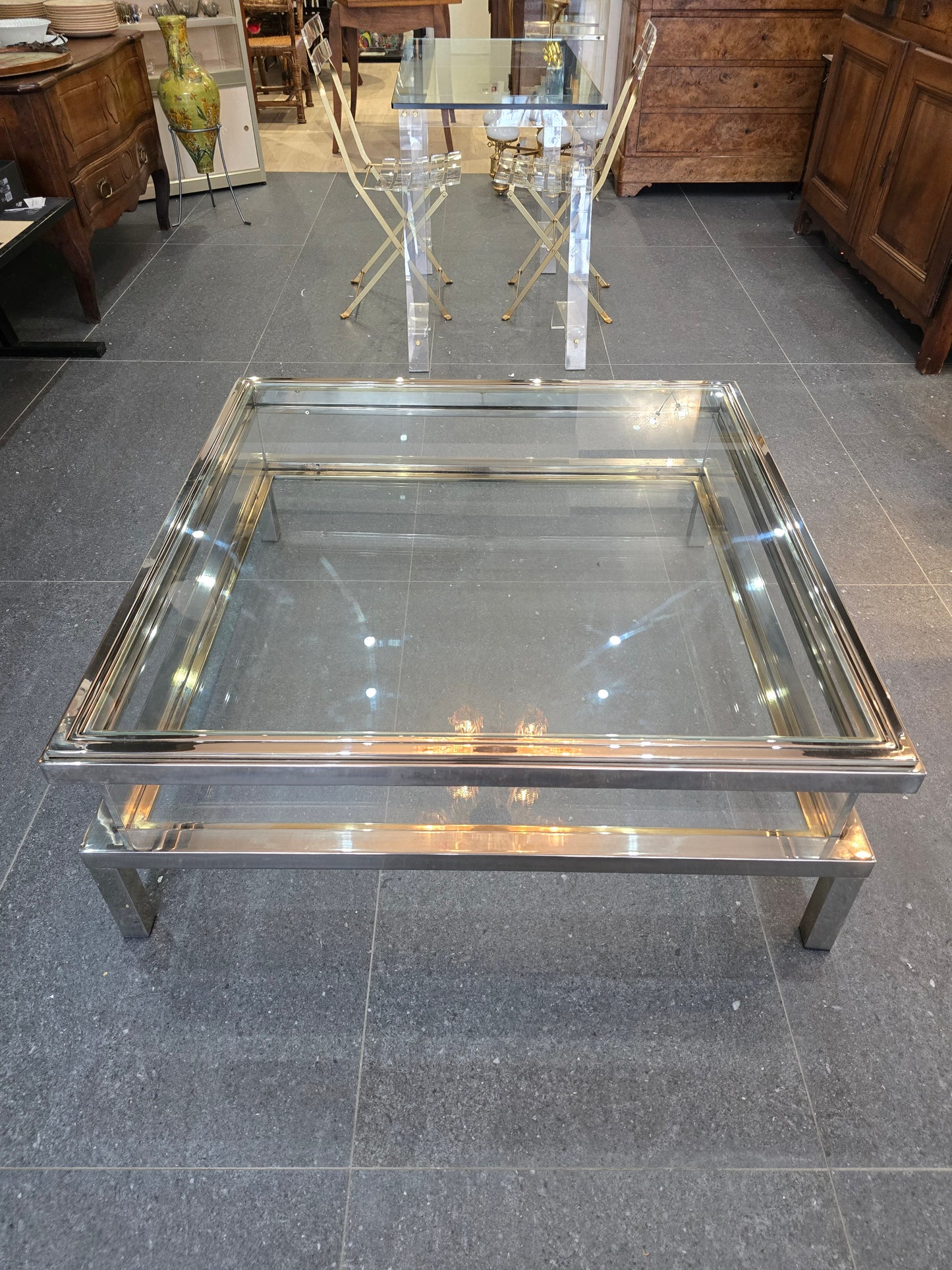 Table basse à plateau coulissant – Design 70 – Chrome & verre – 108 cm