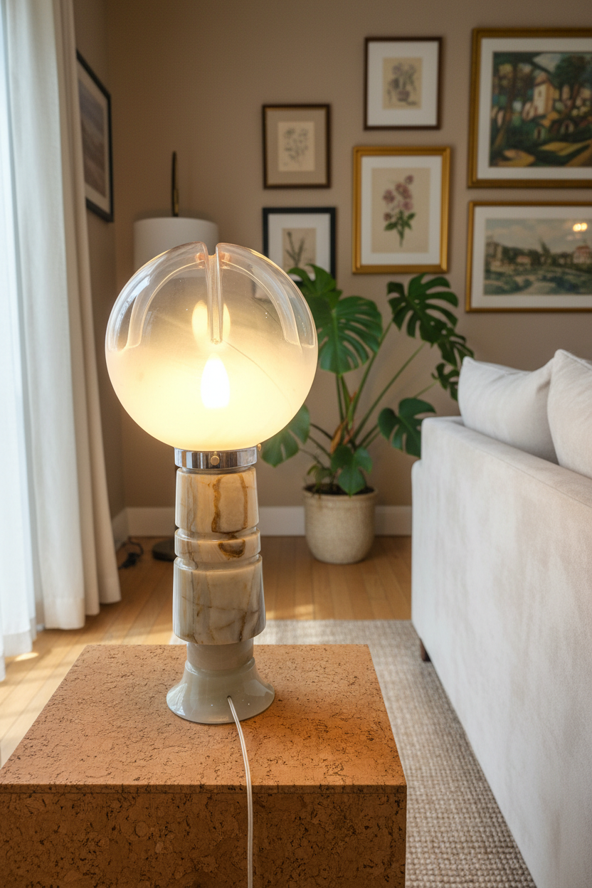 Lampe vintage en verre opalin et onyx – Design italien – Années 1960/1970