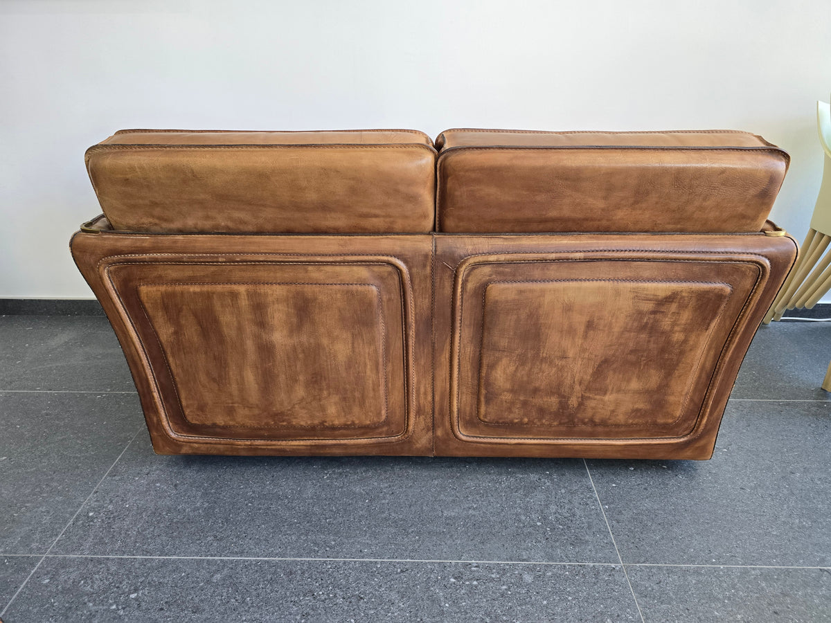 Salon Roche Bobois vintage années 80 – Cuir de buffle cognac – 2 canapés + pouf