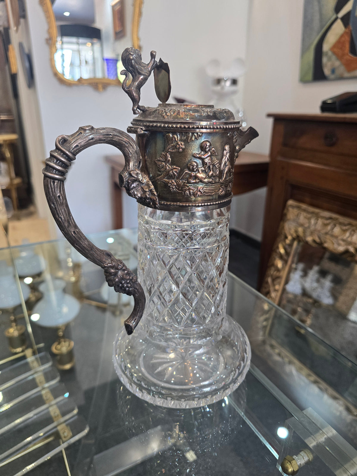 Importante carafe à vin en cristal taillé et argent massif 925/1000, maison Topázio