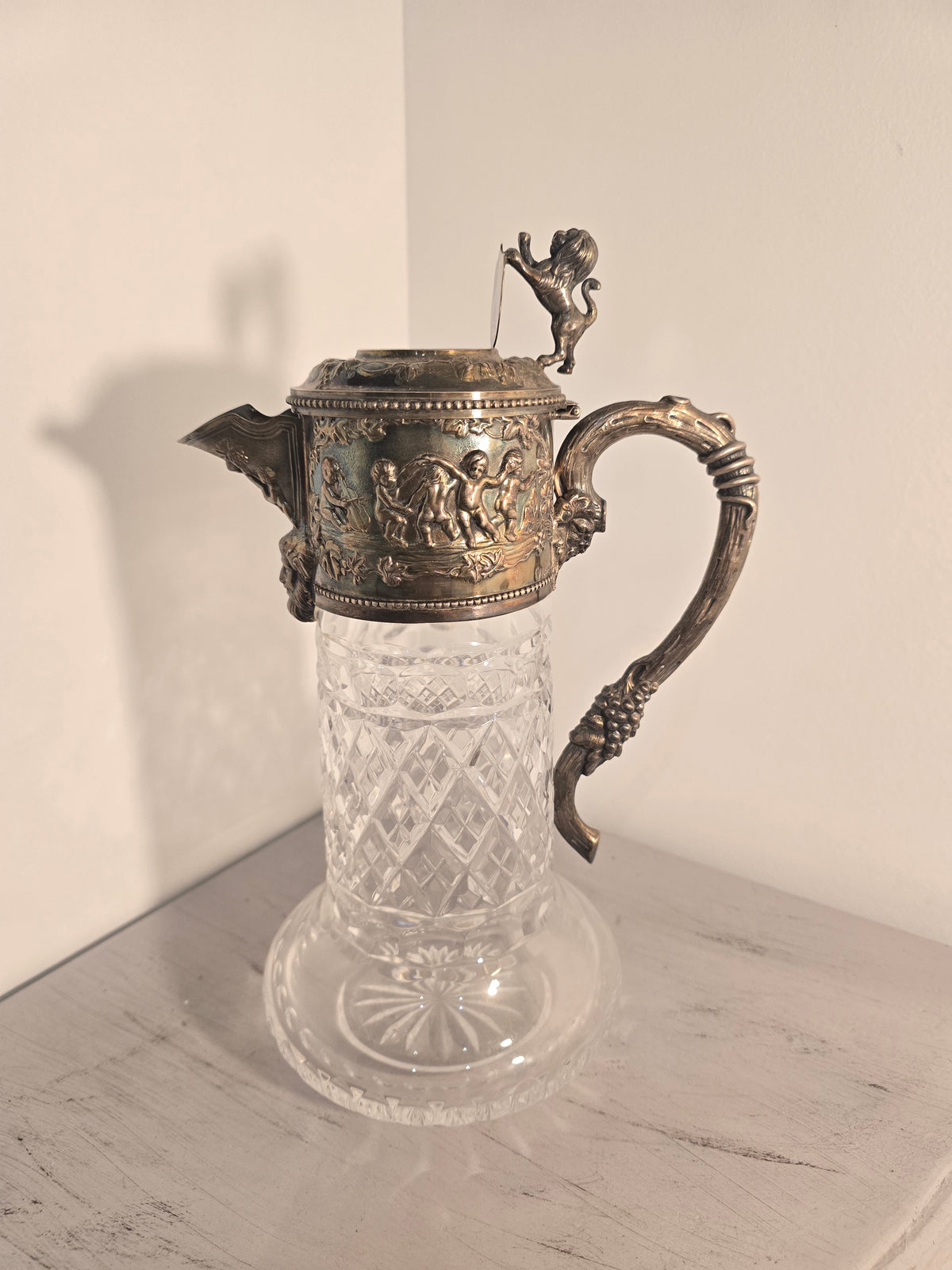 Importante carafe à vin en cristal taillé et argent massif 925/1000, maison Topázio