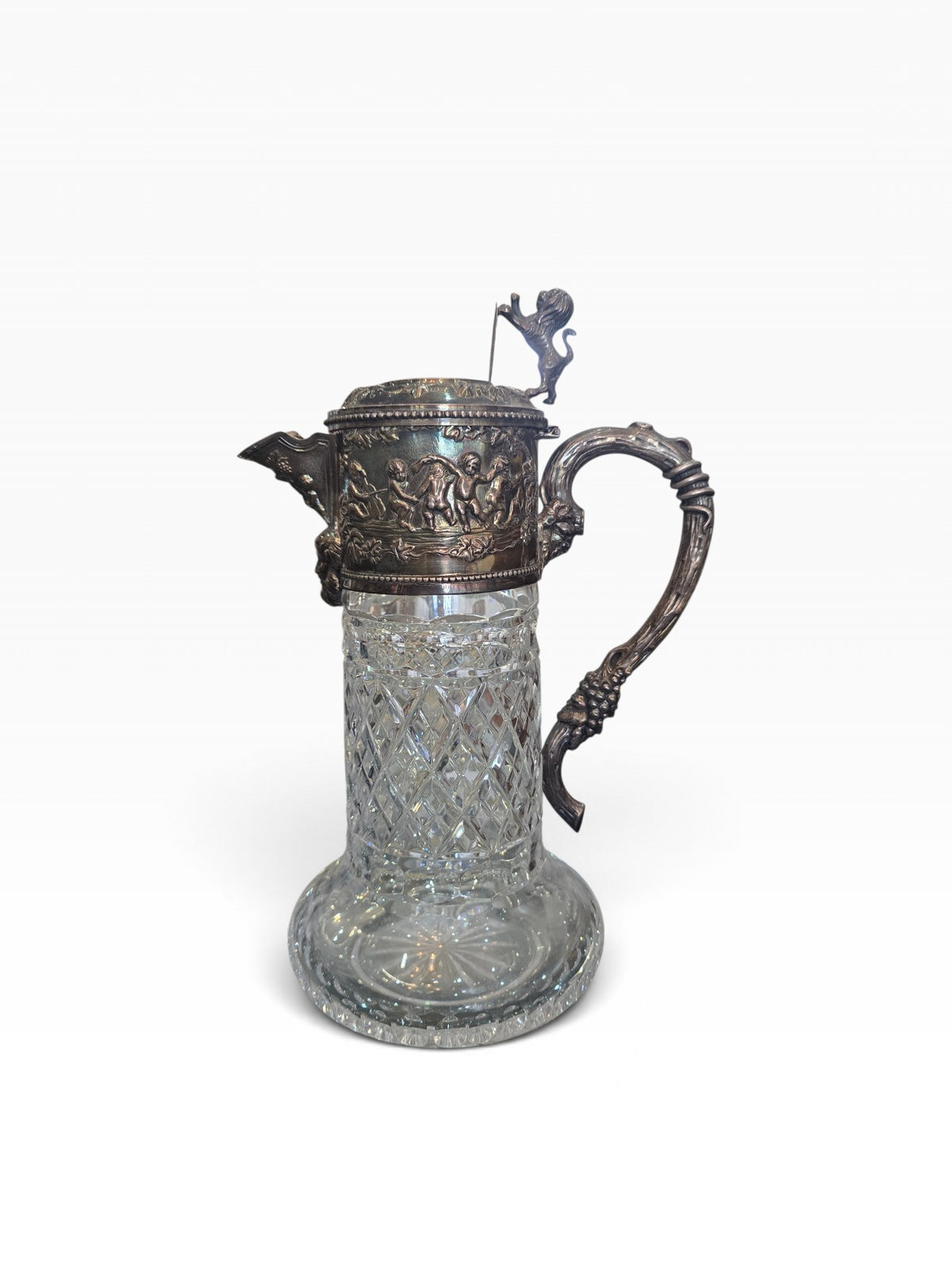 Importante carafe à vin en cristal taillé et argent massif 925/1000, maison Topázio