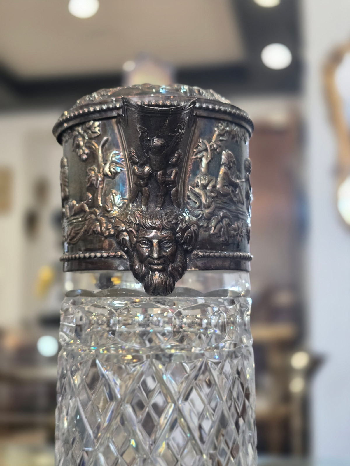 Importante carafe à vin en cristal taillé et argent massif 925/1000, maison Topázio