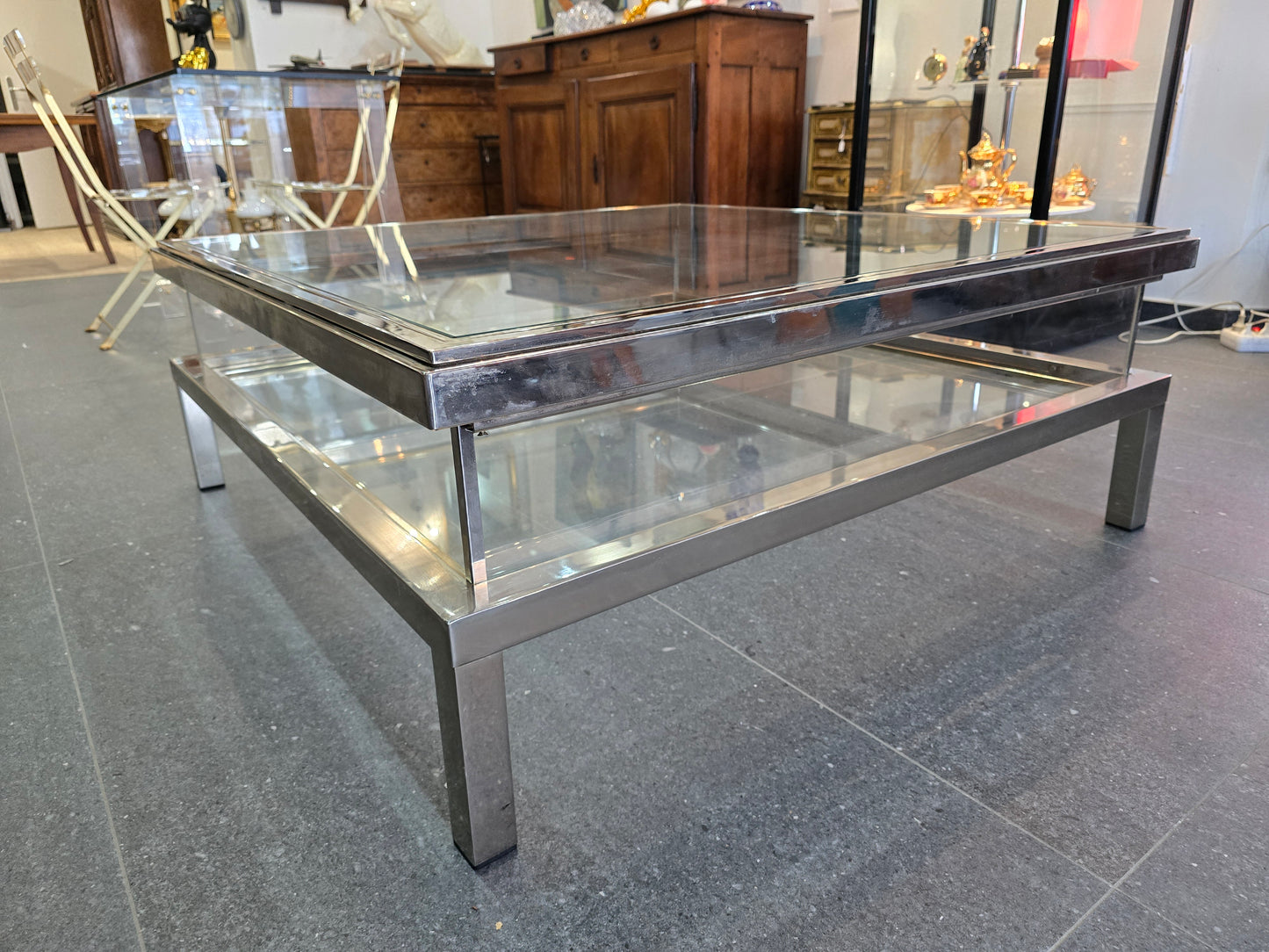 Table basse à plateau coulissant – Design 70 – Chrome & verre – 108 cm