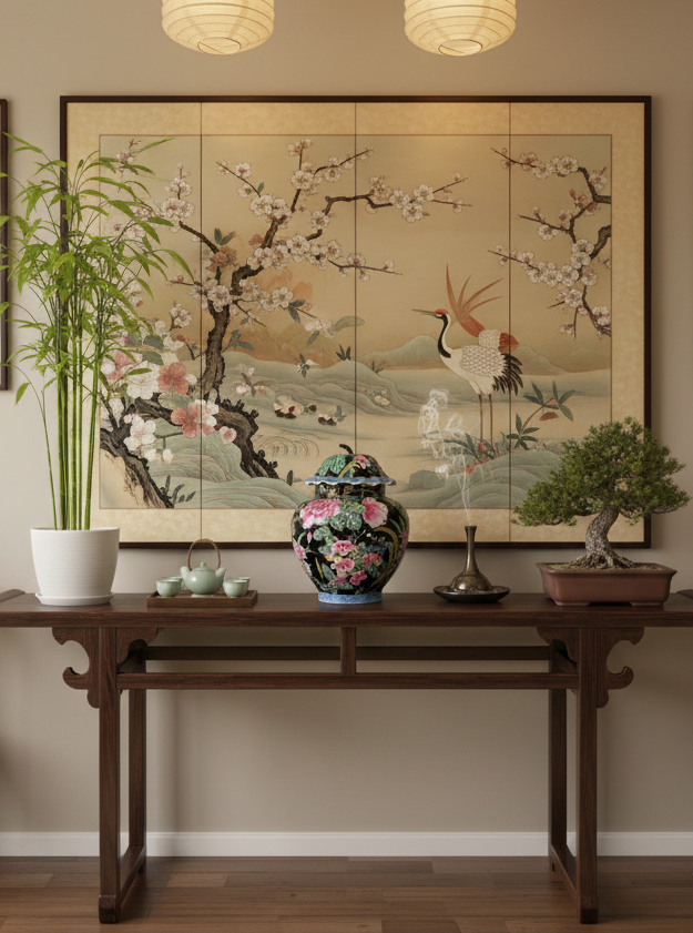 Grande potiche asiatique à décor floral – Décor main – Fond noir & couleurs vives