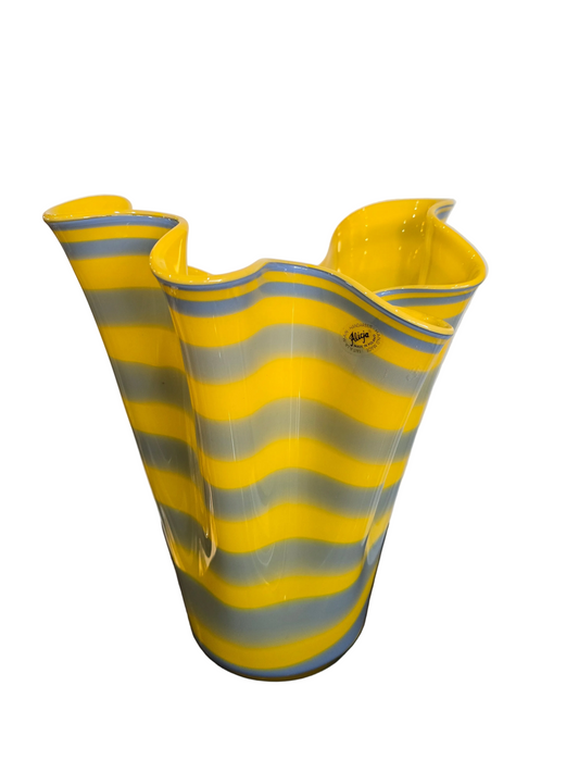Vase en verre soufflé Alicja – Rayures jaunes & grises – Forme libre – H.31 cm