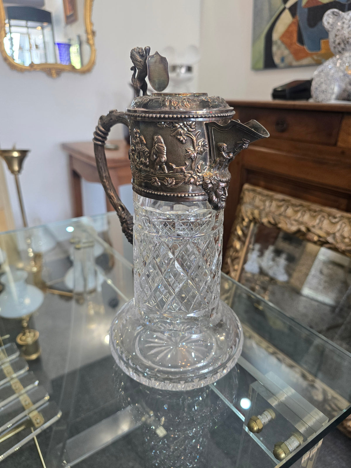 Importante carafe à vin en cristal taillé et argent massif 925/1000, maison Topázio