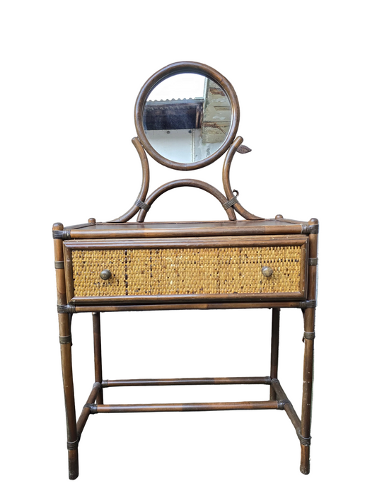 Coiffeuse en bambou et rotin avec miroir – style exotique années 1960 / 1970