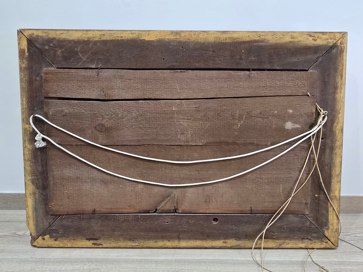 Exceptionnel miroir XVIIIe siècle en bois sculpté doré – décor oiseaux, fruits et angelot – 98 x 68 cm.