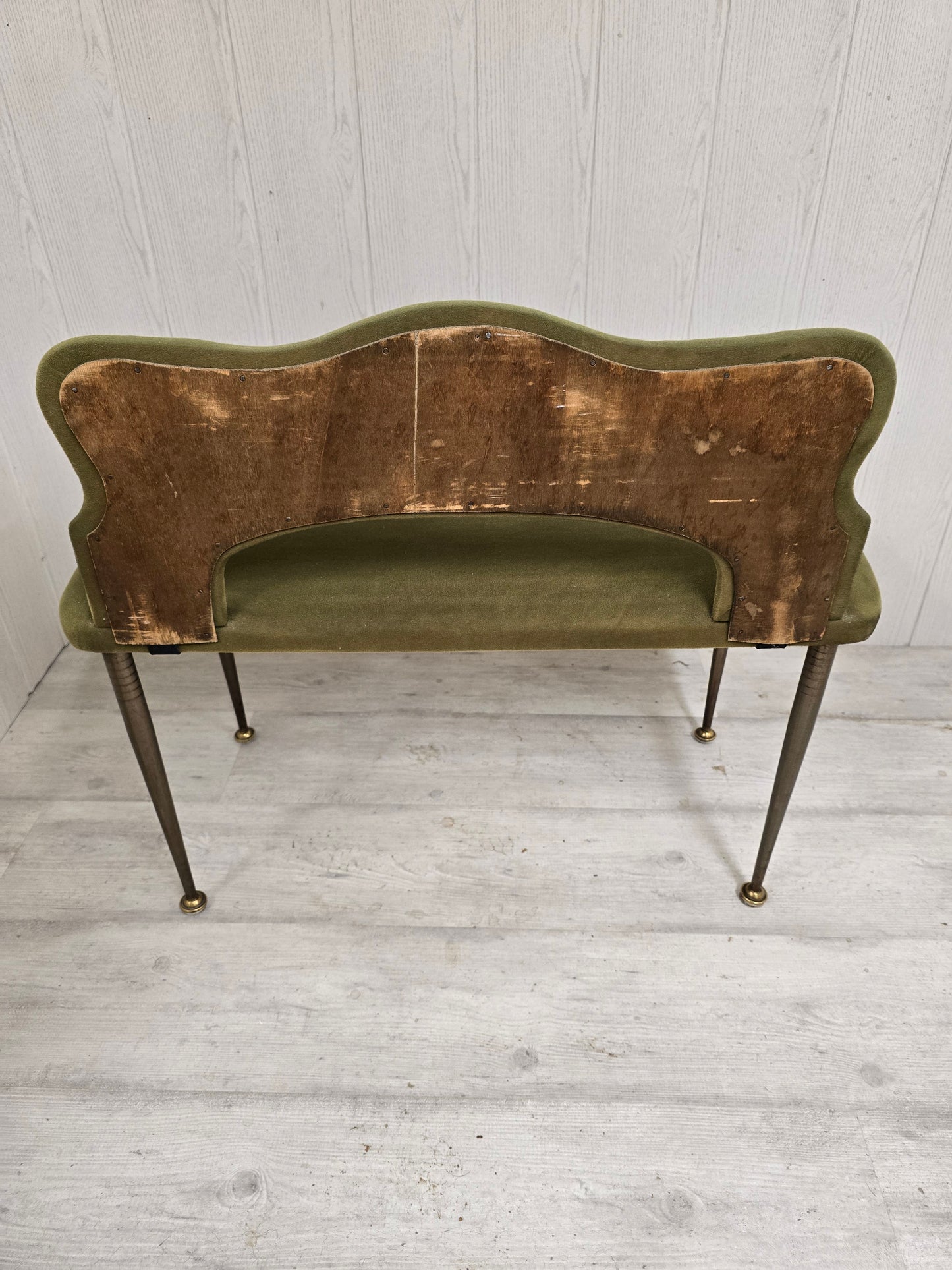 Banquette enfant vintage en velours vert – Pieds compas en métal – Années 1950/60
