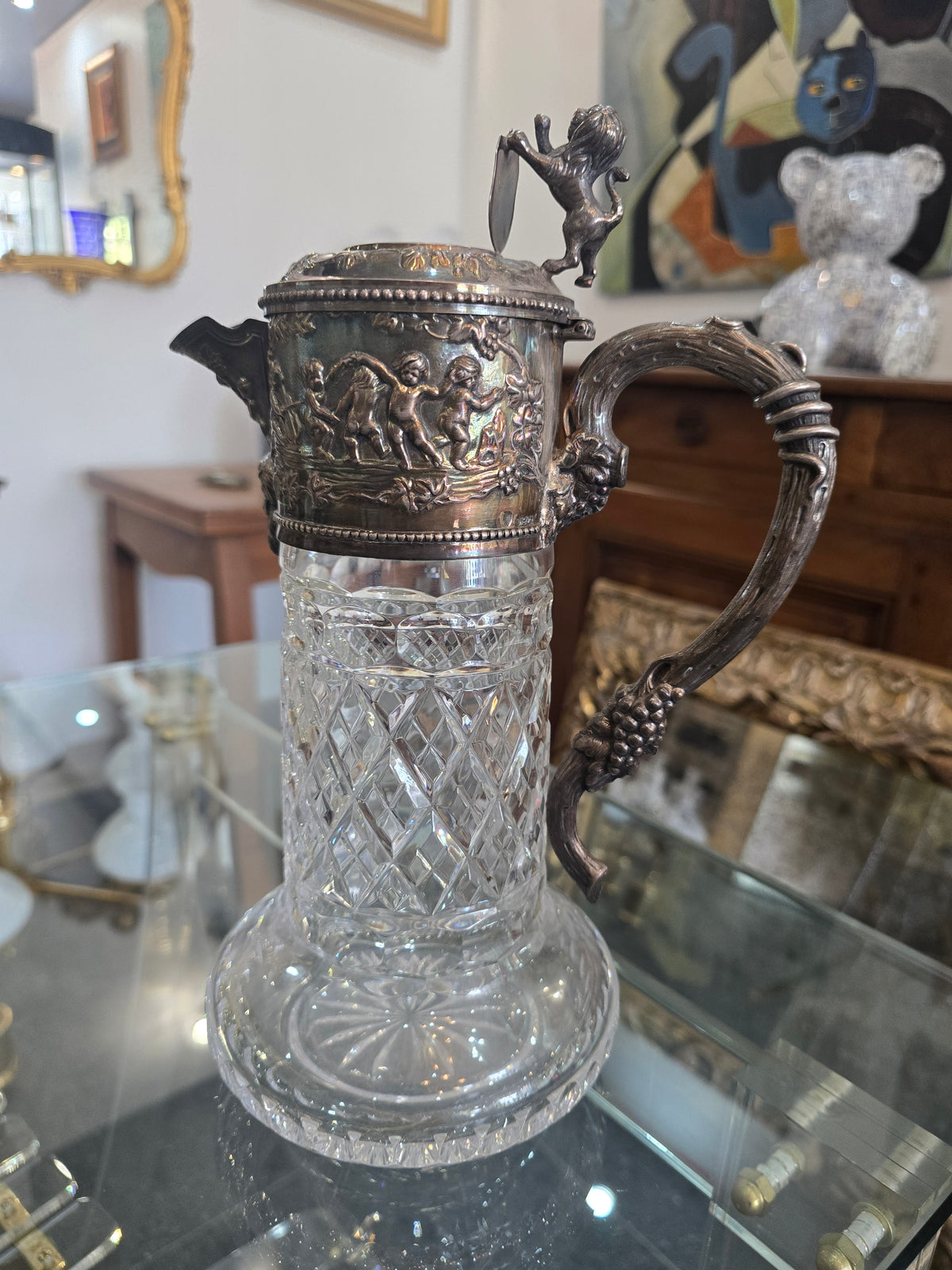 Importante carafe à vin en cristal taillé et argent massif 925/1000, maison Topázio