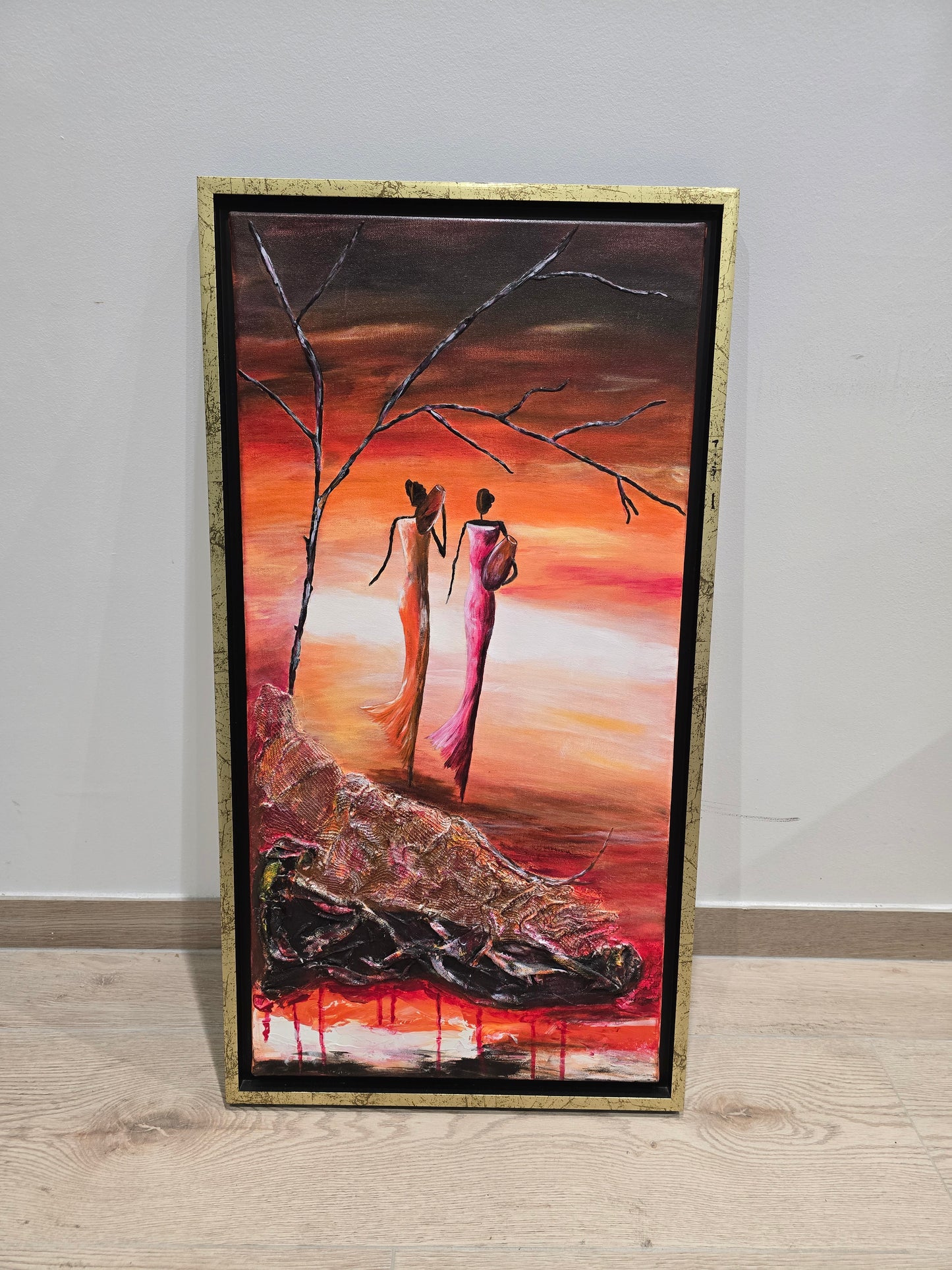 Tableau contemporain – Techniques mixtes & relief – Silhouettes féminines au coucher de soleil