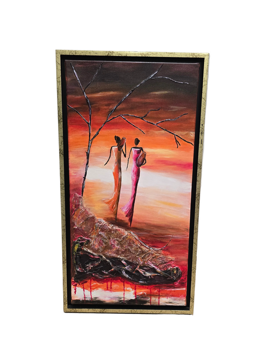 Tableau contemporain – Techniques mixtes & relief – Silhouettes féminines au coucher de soleil