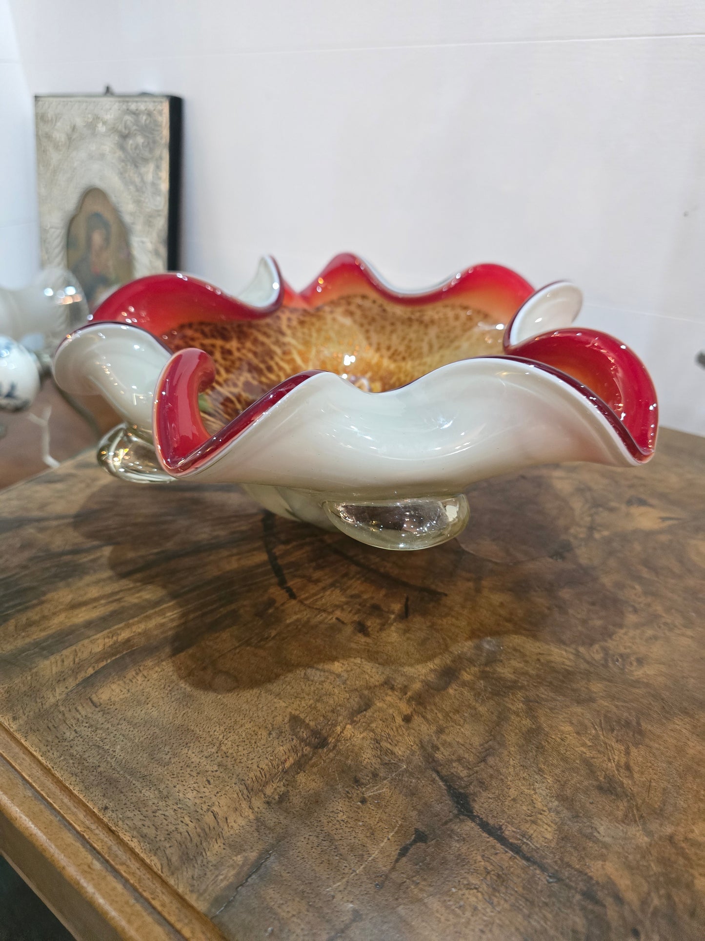 Coupe en verre de Murano – Millefiori & bord rouge – 26 cm