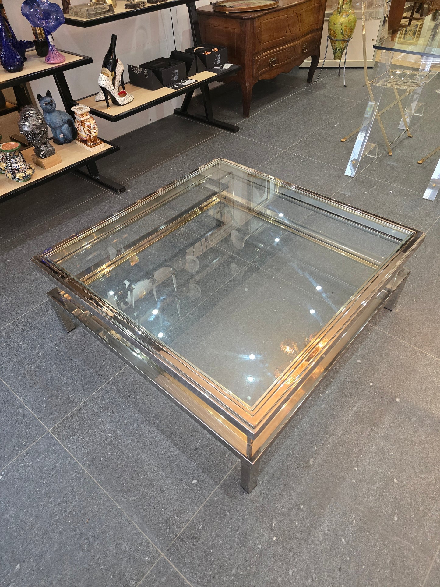 Table basse à plateau coulissant – Design 70 – Chrome & verre – 108 cm
