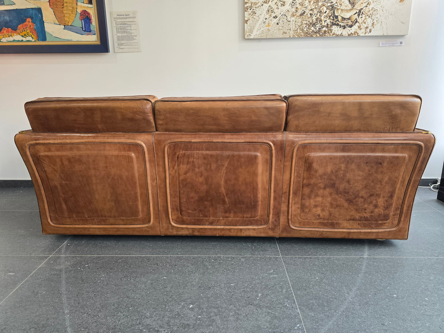 Salon Roche Bobois vintage années 80 – Cuir de buffle cognac – 2 canapés + pouf