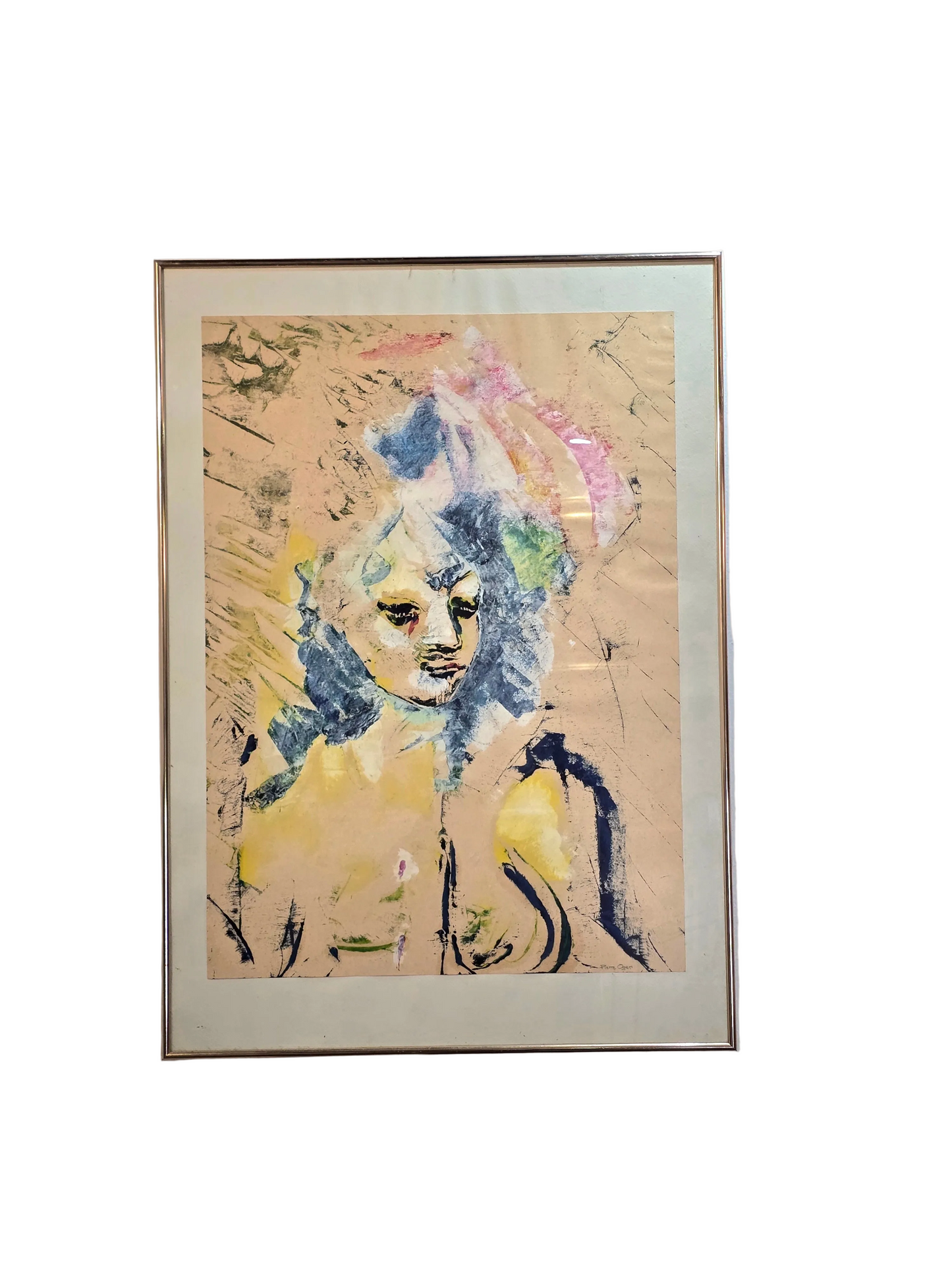 Peinture sur papier – Portrait féminin abstrait – Signée Oger