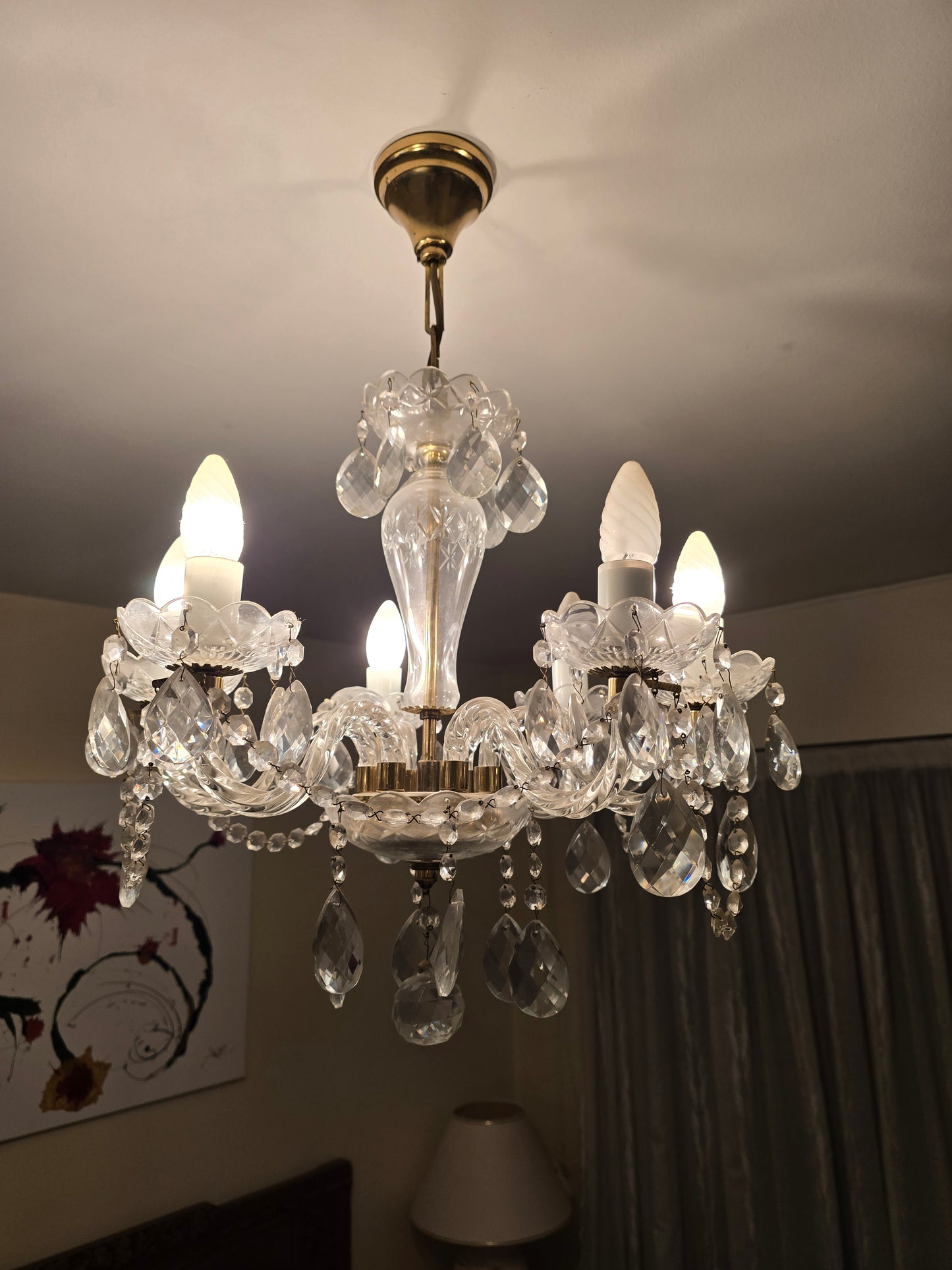 Suspension lustre ancien en verre taillé & pampilles – 6 bras