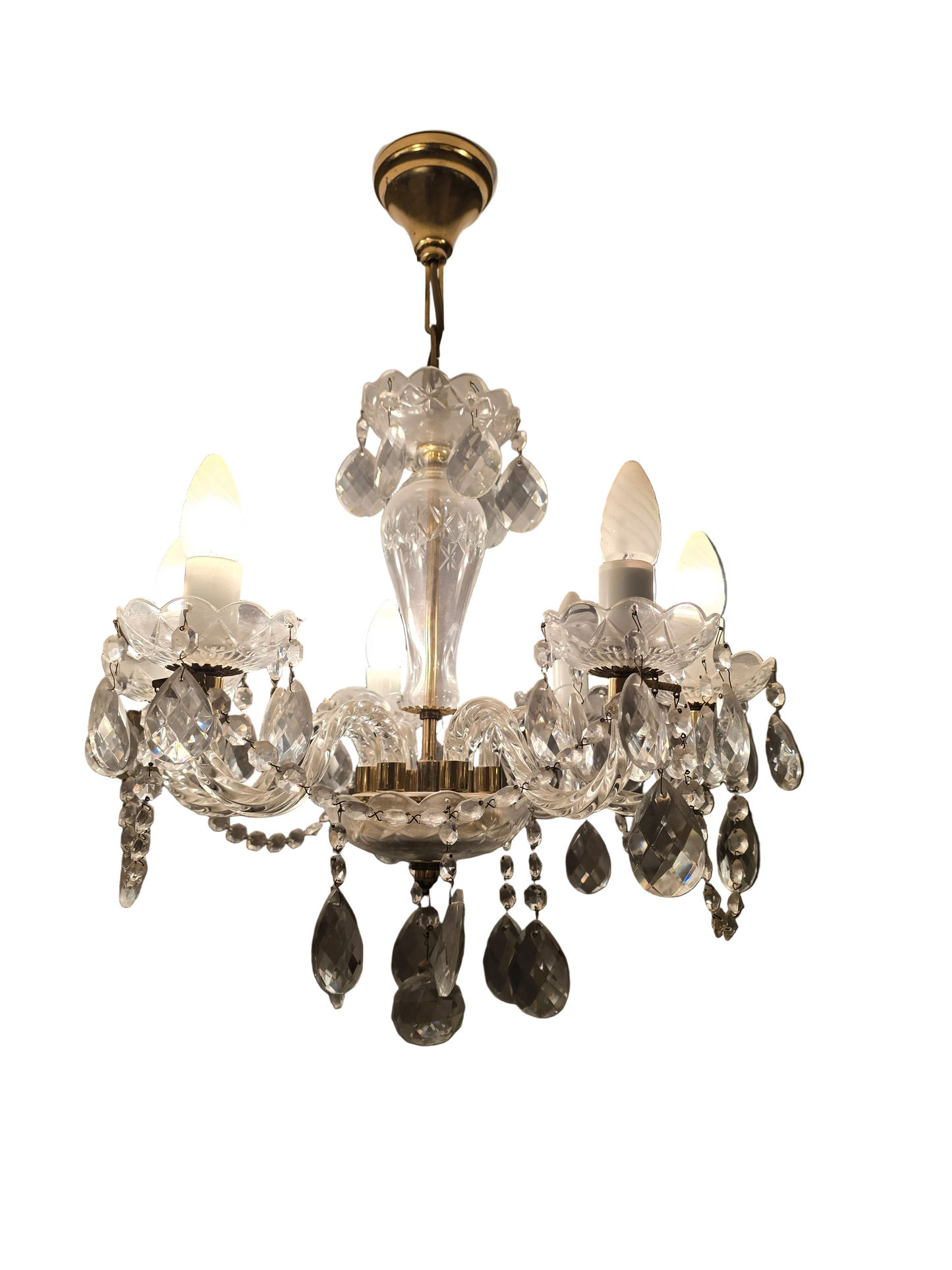 Suspension lustre ancien en verre taillé & pampilles – 6 bras