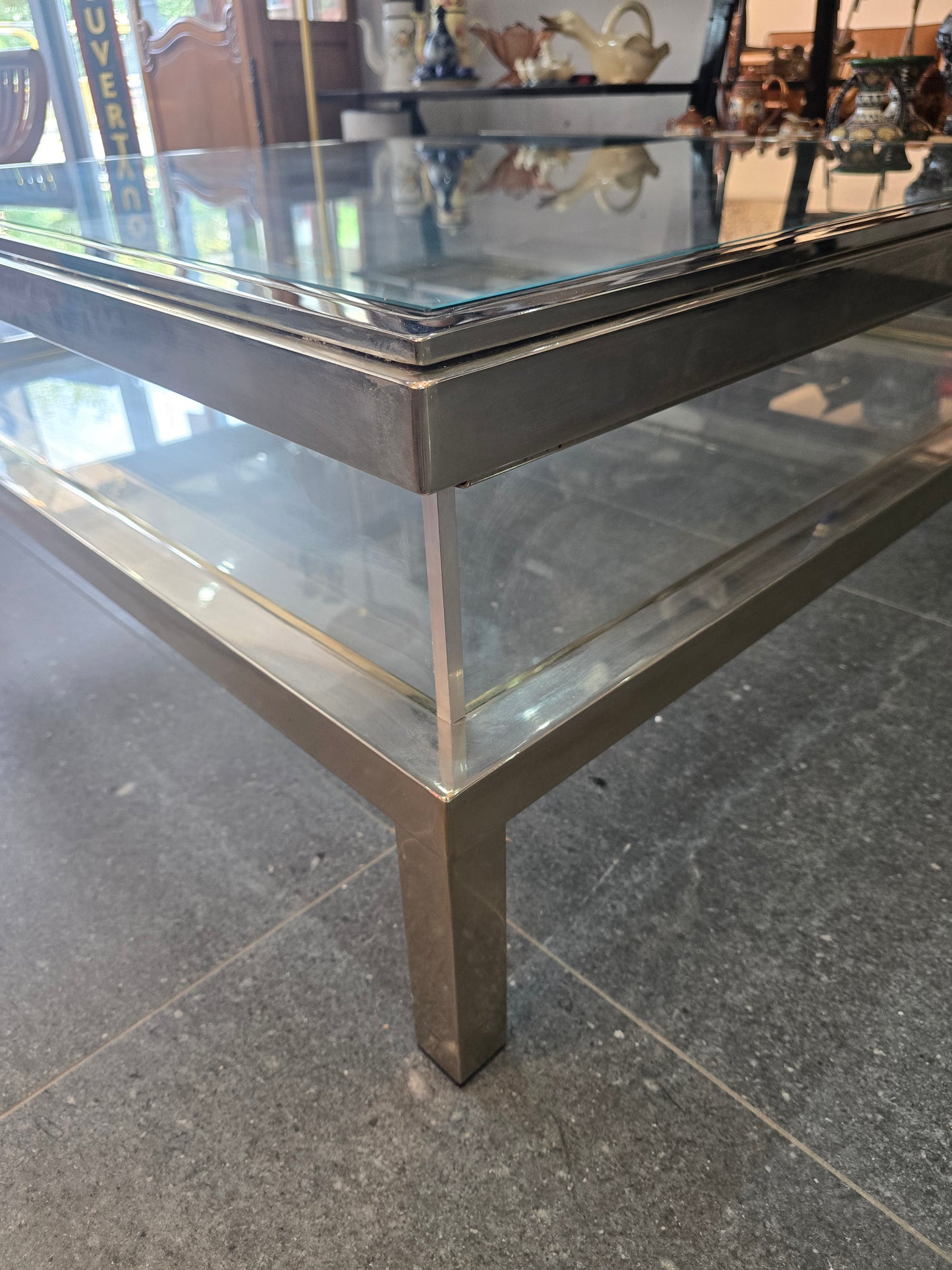 Table basse à plateau coulissant – Design 70 – Chrome & verre – 108 cm
