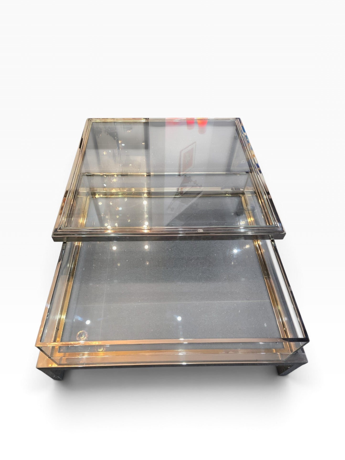 Table basse à plateau coulissant – Design 70 – Chrome & verre – 108 cm