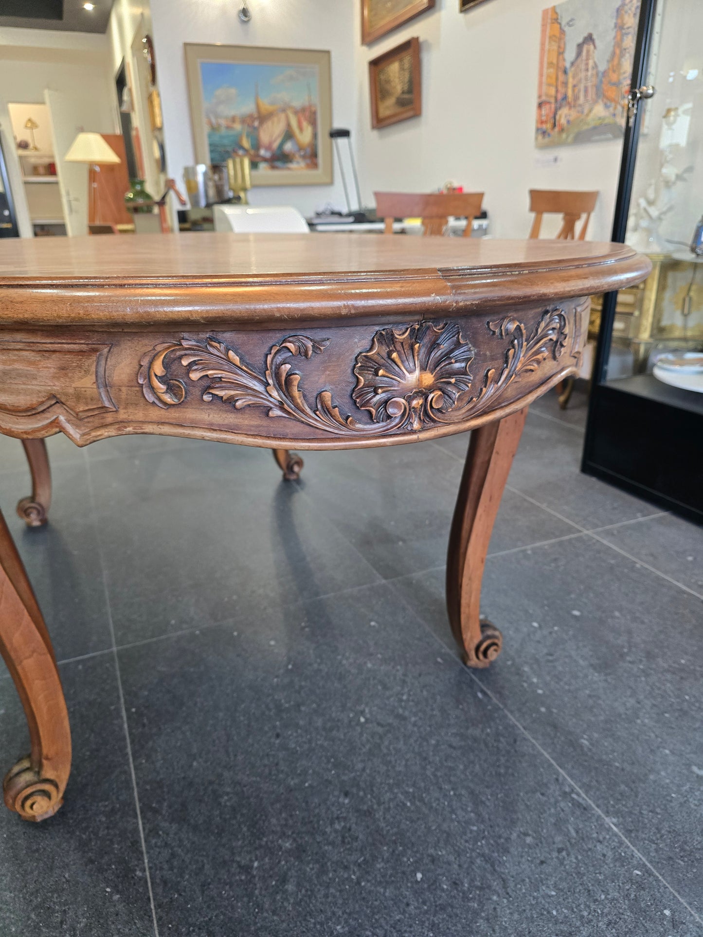 Table de salle à manger extensible – Style Louis XV – Plateau marqueté 1m80 - 3m30